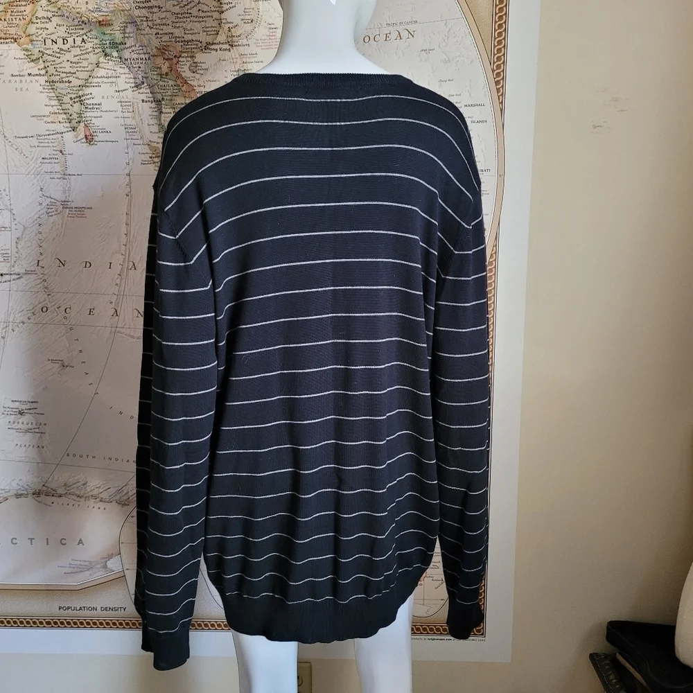 Old Navy Black White Striped Mens V-Neck Cotton Sweater nautical preppy cozy XL